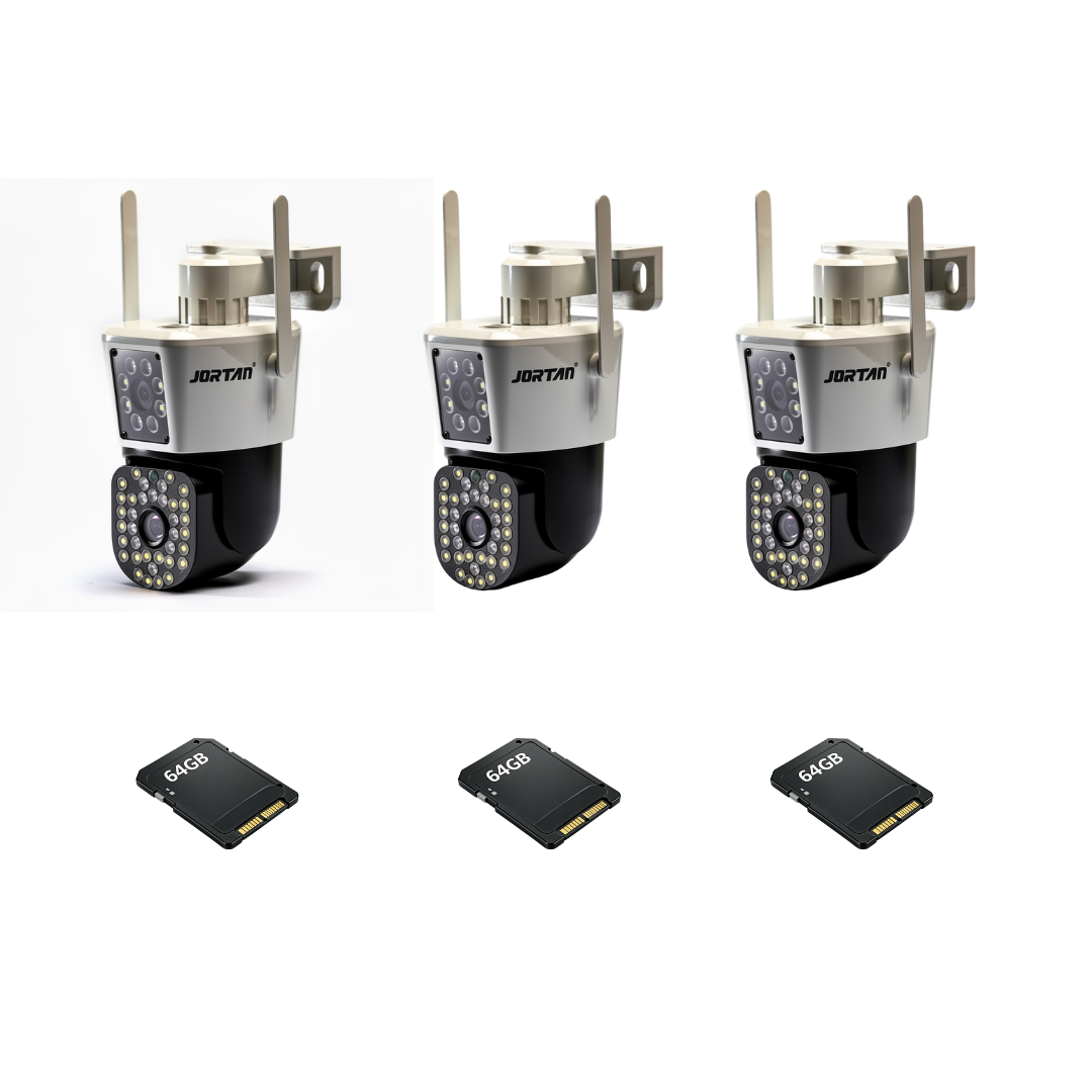 Kit Supraveghere 3 Camere 6MP Full HD 4K Jortan, WiFi, Viziune Nocturna Avansata + 3 Carduri 64GB
