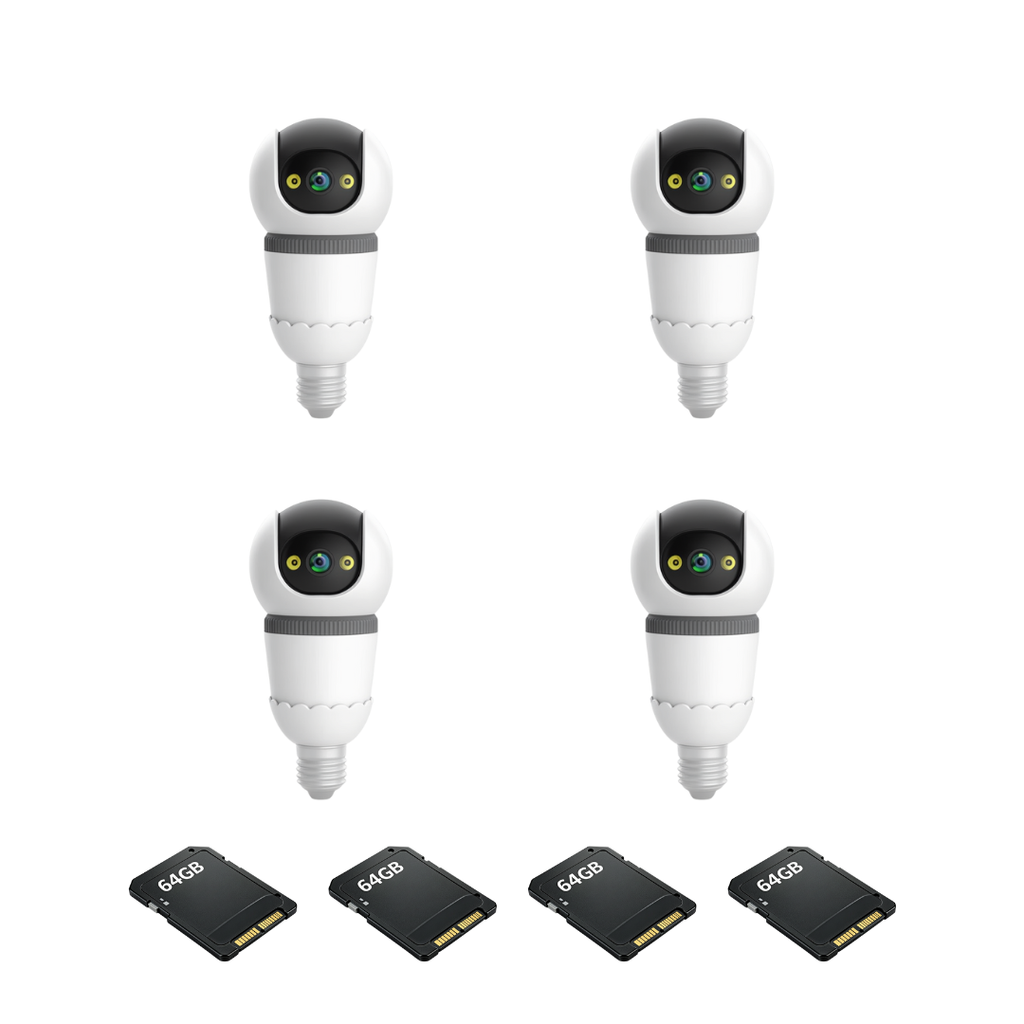 Kit 4 Camere Supraveghere WiFi Tip Bec V380Pro 3MP Pan-Tilt 360°,Detectie AI, Vizibilitate Nocturna 25m, Sirena si Microfon + 4 Carduri 64GB