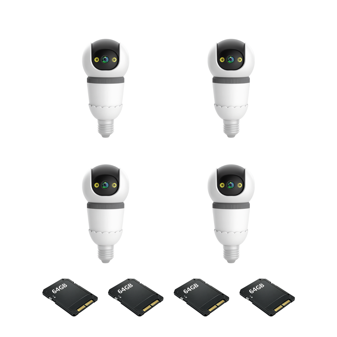 Kit 4 Camere Supraveghere WiFi Tip Bec V380Pro 3MP Pan-Tilt 360°,Detectie AI, Vizibilitate Nocturna 25m, Sirena si Microfon + 4 Carduri 64GB