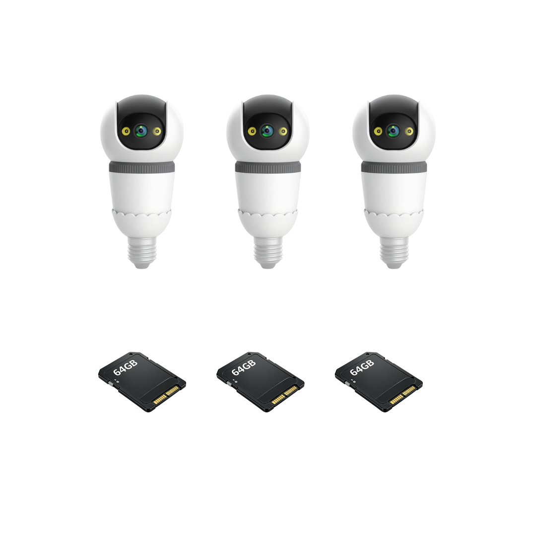 Kit 3 Camere Supraveghere WiFi Tip Bec V380Pro 3MP Pan-Tilt 360°,Detectie AI, Vizibilitate Nocturna 25m, Sirena si Microfon + 3 Carduri 64GB