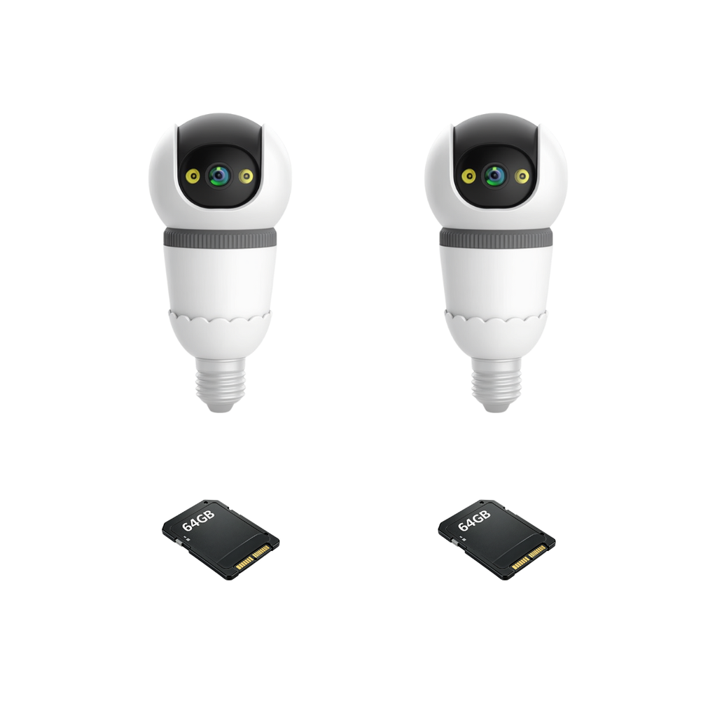 Kit 2 Camere Supraveghere WiFi Tip Bec V380Pro 3MP Pan-Tilt 360°,Detectie AI, Vizibilitate Nocturna 25m,, Sirena si Microfon + 2 Carduri 64GB