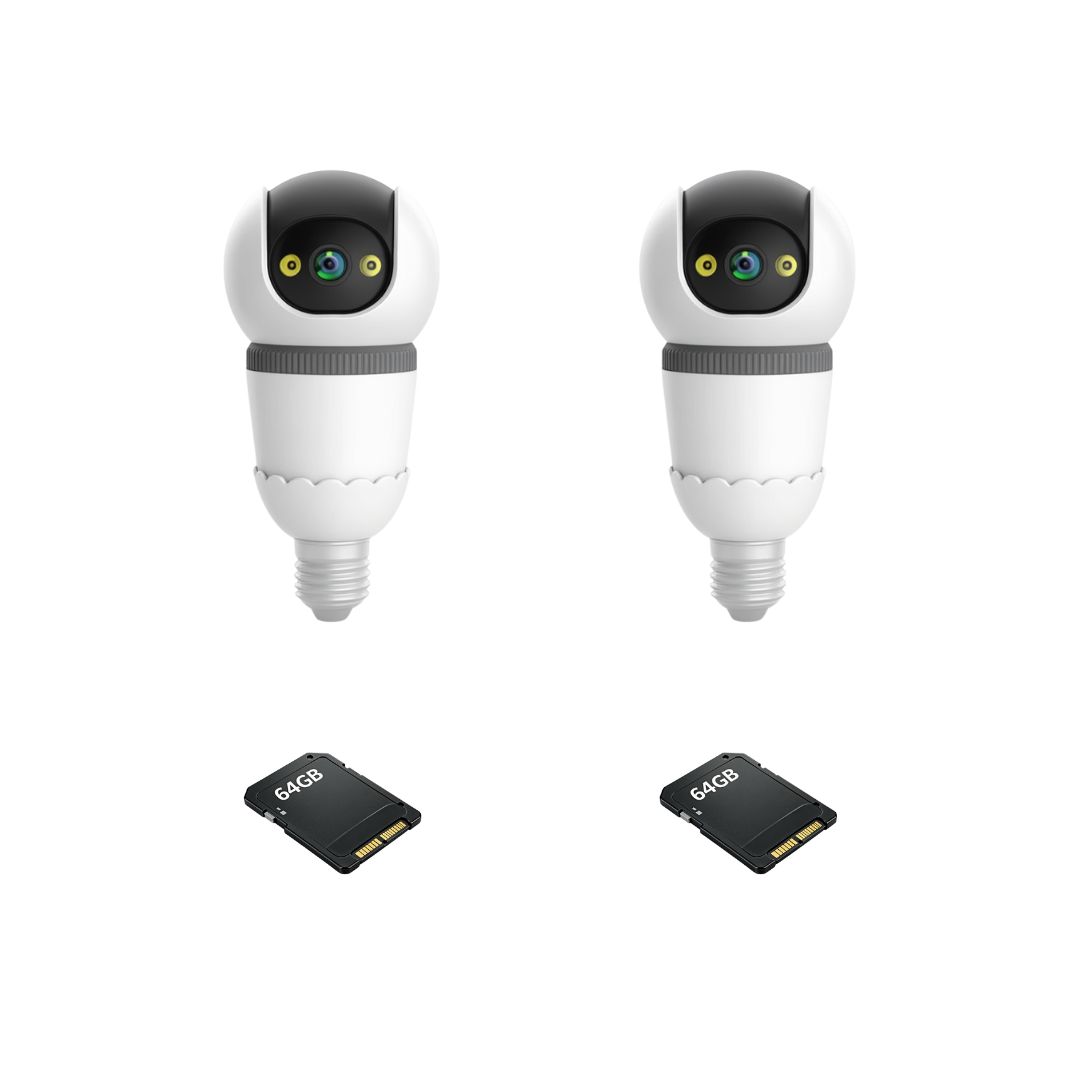 Kit 2 Camere Supraveghere WiFi Tip Bec V380Pro 3MP Pan-Tilt 360°,Detectie AI, Vizibilitate Nocturna 25m,, Sirena si Microfon + 2 Carduri 64GB