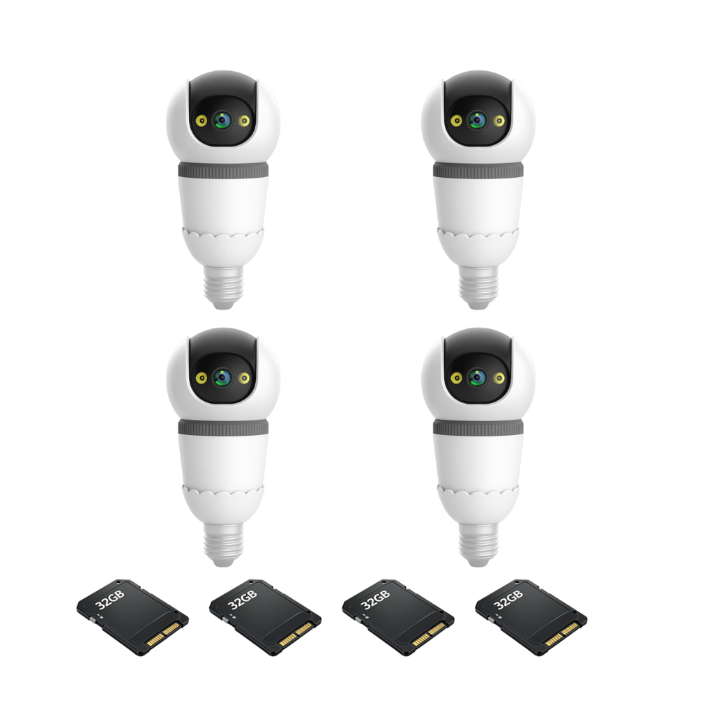 Kit 4 Camere Supraveghere WiFi Tip Bec V380Pro 3MP Pan-Tilt 360°,Detectie AI, Vizibilitate Nocturna 25m, Sirena si Microfon + 4 Carduri 32GB