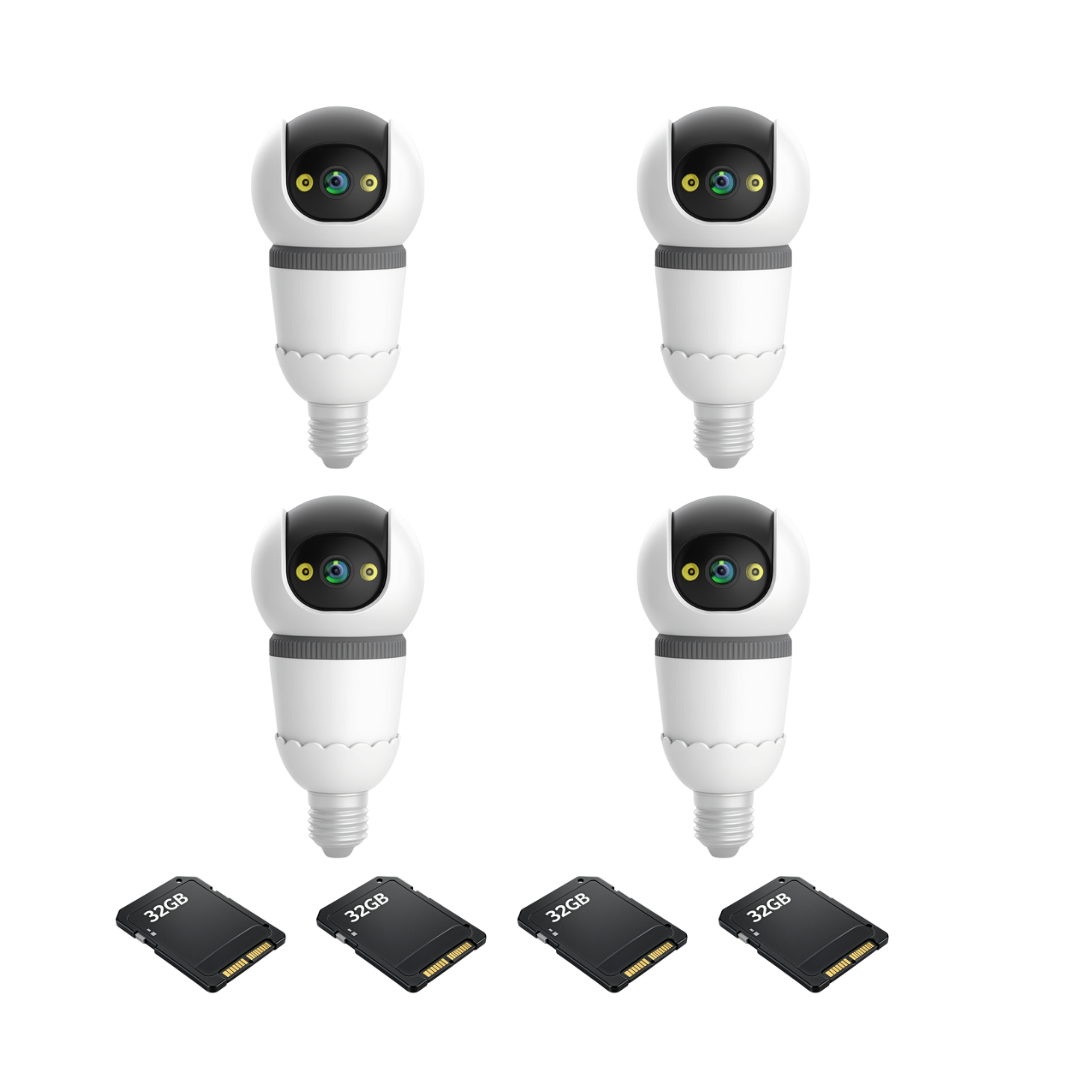 Kit 4 Camere Supraveghere WiFi Tip Bec V380Pro 3MP Pan-Tilt 360°,Detectie AI, Vizibilitate Nocturna 25m, Sirena si Microfon + 4 Carduri 32GB