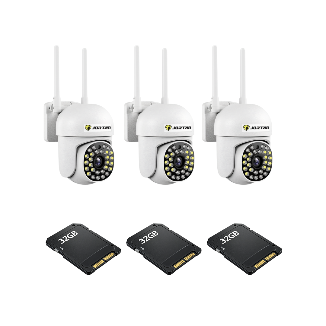 Kit Supraveghere 3 Camere JT-8161QJ 2MP, Detectie Umana Audio Bidirectional, Viziune Nocturna 30M + 3 Carduri 32GB