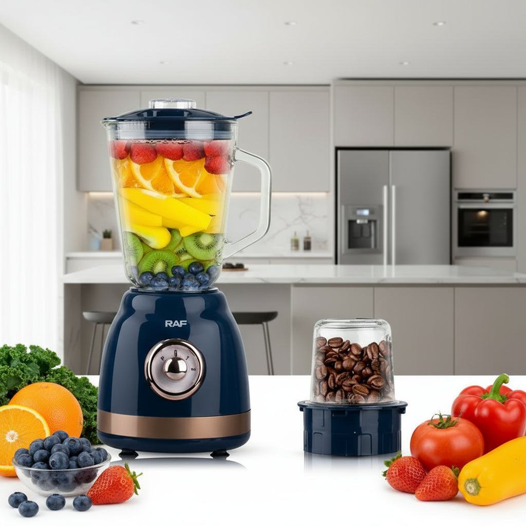 Blender Electric RAF din Sticla – 1000W, 1.5L, 6 Lame Inox + Rasnita de Cafea, Albastru