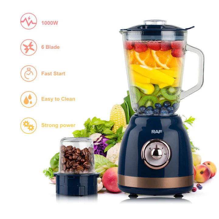 Blender Electric RAF din Sticla – 1000W, 1.5L, 6 Lame Inox + Rasnita de Cafea, Albastru