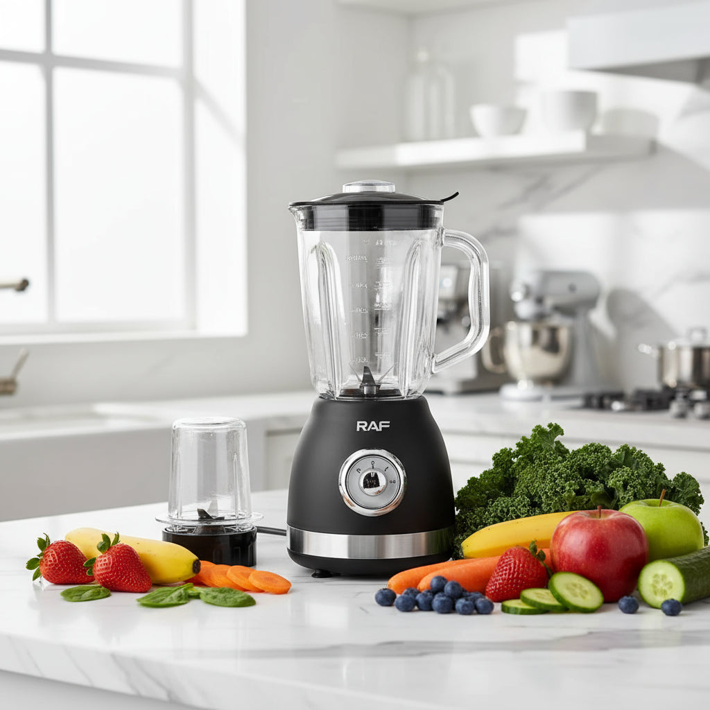 Blender de Bucatarie RAF – 1000W, Vas de Sticla Rezistent, Cu Rasnita si 2 Viteze