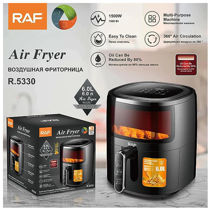 Friteuza Air Fryer RAF, 6L, Aer Cald Fara Ulei, 1500W, Touch Screen Digital, Negru, Sticla Transparenta