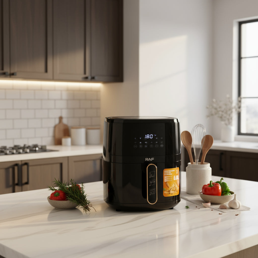 Friteuza Air Fryer RAF, 6L, Aer Cald Fara Ulei, 1500W, Touch Screen Digital, Negru, Sticla Transparenta