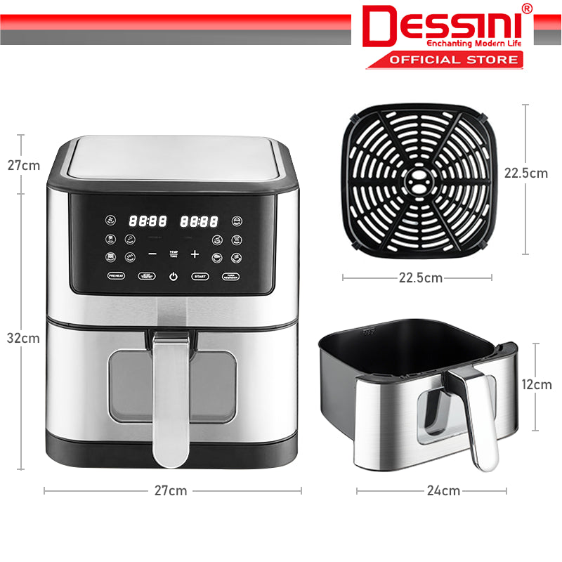 Air Fryer Dessini DS‑811, 8L 1500W, 10 programe cu Ecran Digital si Coș Detașabil, Temperatura Maxima Gatire 200 °C