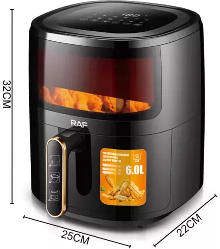 Friteuza Air Fryer RAF, 6L, Aer Cald Fara Ulei, 1500W, Touch Screen Digital, Negru, Sticla Transparenta