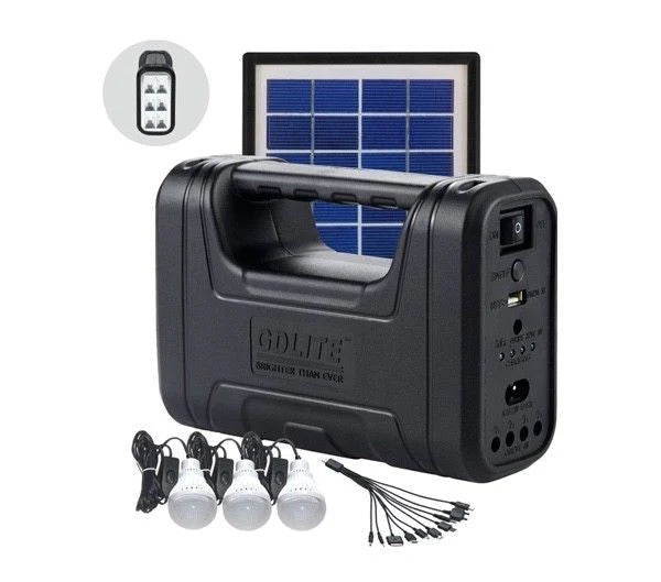 Kit solar portabil GD-Light 8017 Plus cu lanterna, 3 LED-uri externe si port USB