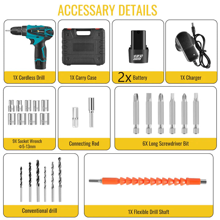 Set Bormasina Electrica 12V, 24 Accesorii 1400 RPM + 2 Acumulatori